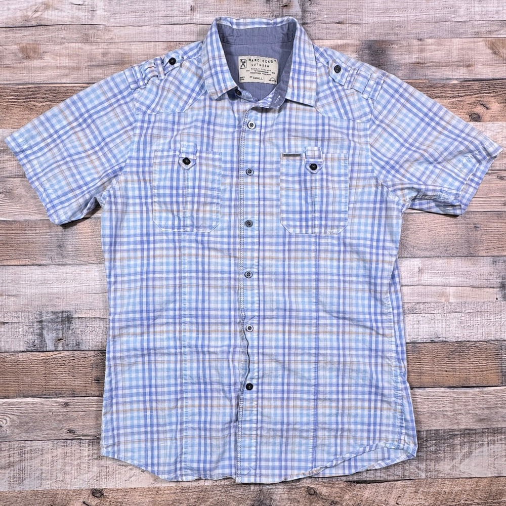Marc Ecko Cut & Sew Mens Small Blue Plaid Short Sleeve Button Down Shirt Cotton